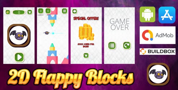 2D Flappy Blocks - Android Game - Admob Ads - In app purchases (Buildbox Project)